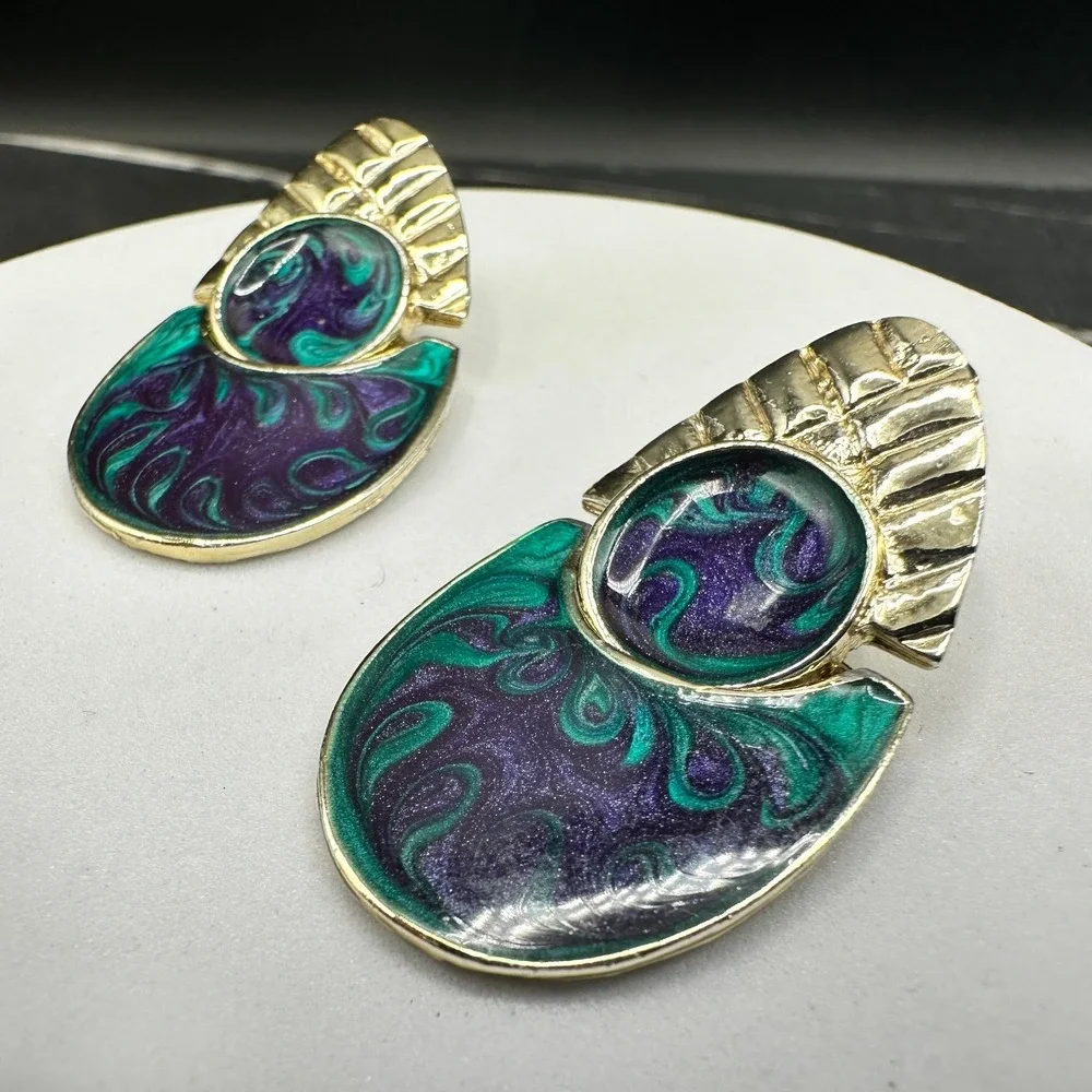 Vintage Abstract Enamel Drop Earrings Green Purple Gold Tone Modern Art Style